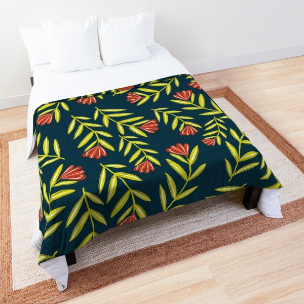 Red Flower Folk Floral with Simple Leaves - Dark Blue Background Comforter