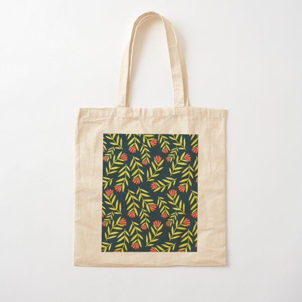 Red Flower Folk Floral with Simple Leaves - Dark Blue Background Cotton Tote Bag