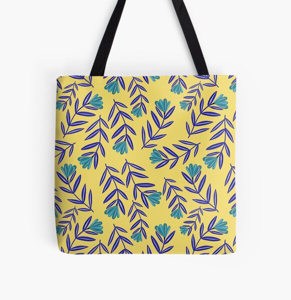 Blue Flower Folk Floral with Simple Navy Blue Leaves - Yellow Background All Over Print Tote Bag