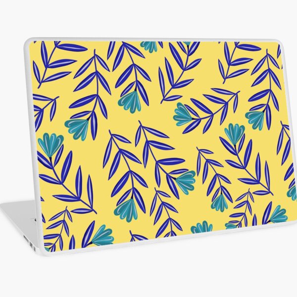 Blue Flower Folk Floral with Simple Navy Blue Leaves - Yellow Background Laptop Skin