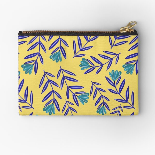 Blue Flower Folk Floral with Simple Navy Blue Leaves - Yellow Background Zipper Pouch