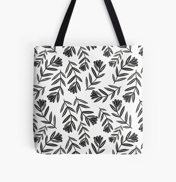 Black Flower Folk Floral with Simple Leaves - White Background All Over Print Tote Bag