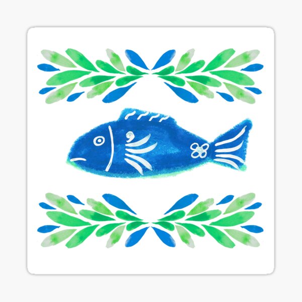 Swedish Folk Fish with Leaf Strokes - Blue Green Sticker