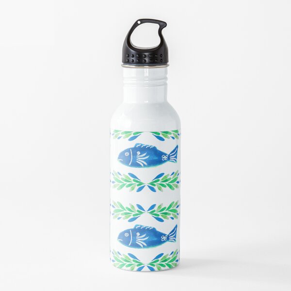 Swedish Folk Fish with Leaf Strokes - Blue Green Water Bottle