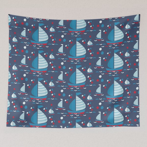 Item preview, Ship and Sea Pattern on the navy background in the cartoon style.  designed and sold by Victoria Riabov.
