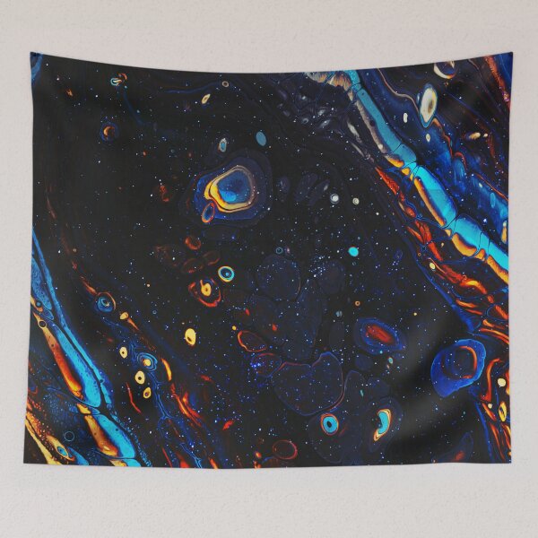 Item preview, “Jiro Avaratra” abstract, colored collage of iridescent waves, drops and water elements in cyan, blue and oranges on black designed and sold by N-o-r-d-l-y-s.