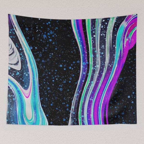 Item preview, “Norðurljós” abstract, colored collage of a starry sky with iridescent waves in neon spectral colors designed and sold by N-o-r-d-l-y-s.