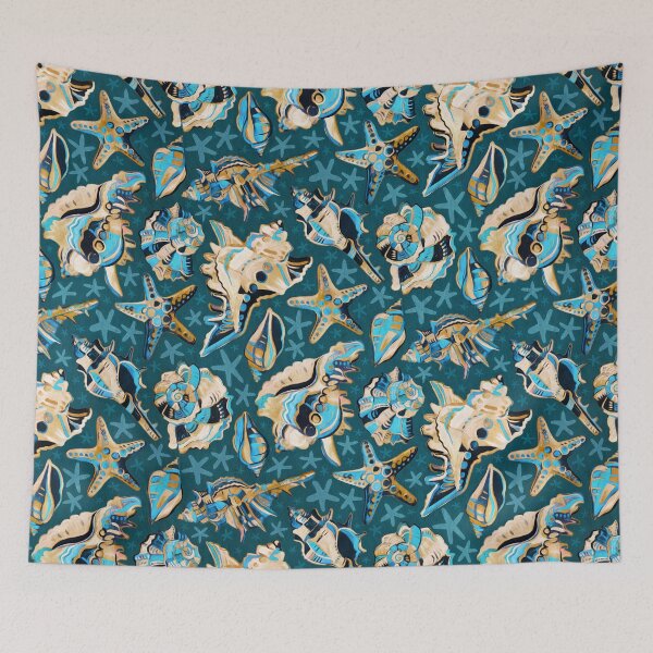 Item preview, Fauvist Style Scattered Seashells in Blue and Mustard designed and sold by micklyn.