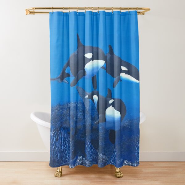 Blue Ocean Swimming Orca Killer Whale Shower Curtain Set Waterproof Fabric  Hooks