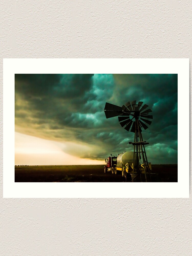 Windmill and Truck Under Stormy Sky in Oklahoma Canvas Wall Art 