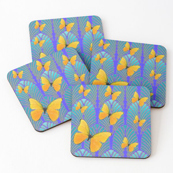 Item preview, BLUE ART DECO YELLOW BUTTERFLIES ABSTRACT PATTERNS ART designed and sold by sharlesart.