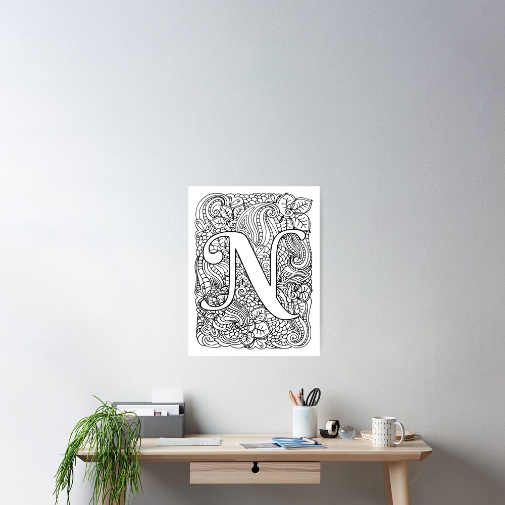 Adult Coloring Page Monogram Letter N Poster For Sale By Mamasweetea Redbubble 8501