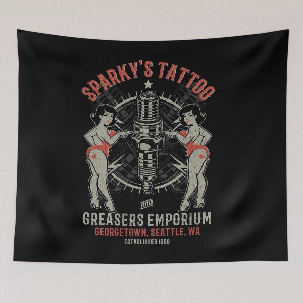 Item preview, Sparky's Tattoo, Studio Design, Greasers, Rockers, Bikers, Pinup Girl, Seattle designed and sold by Proverbial Wisdom Design.
