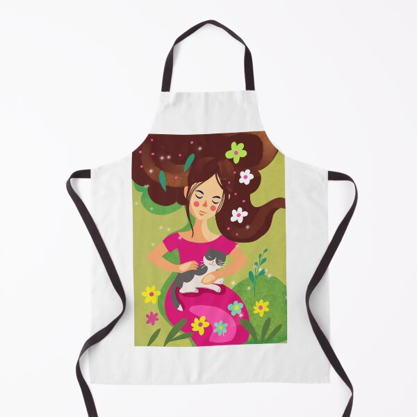 Item preview, girl with a cat on a background of grass and flowers designed and sold by sonaadalian.