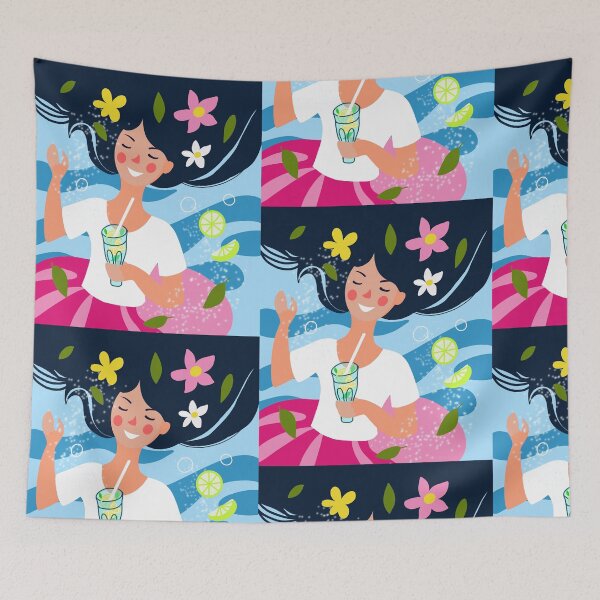 Item preview, cartoon girl on the background of the sea drinks a mojito cocktail in summer designed and sold by sonaadalian.