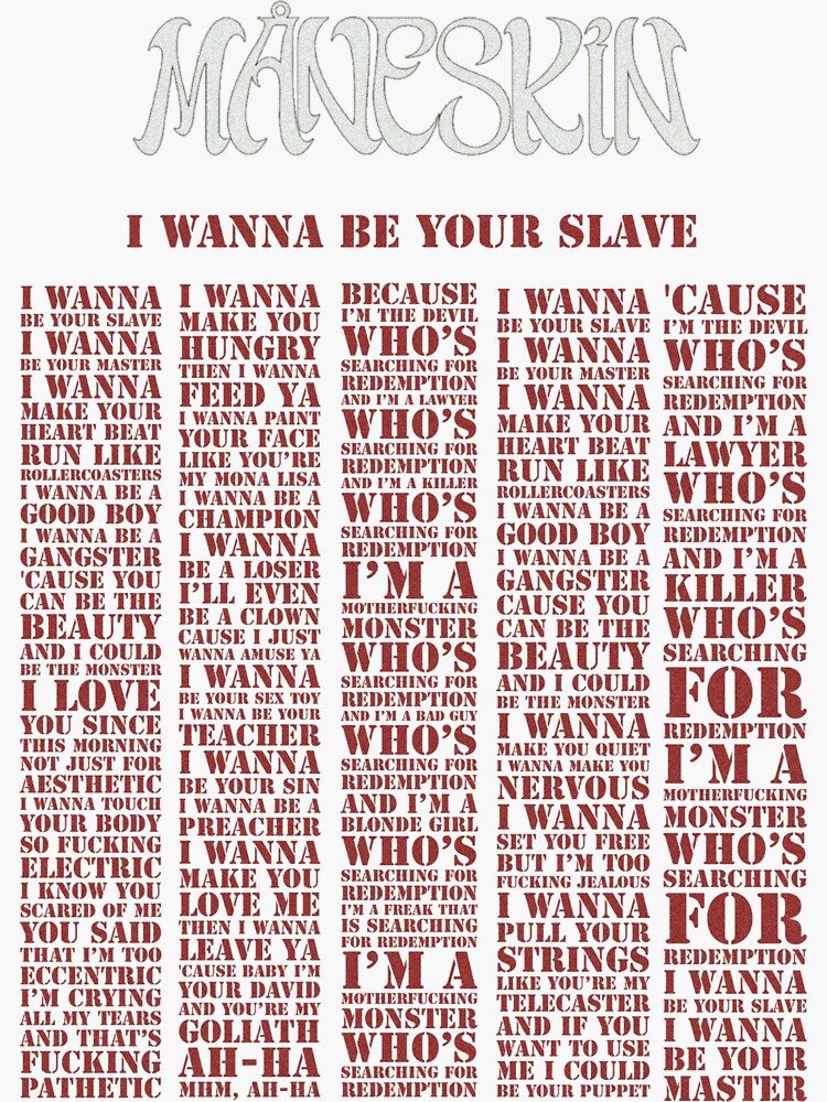 "Måneskin I Wanna be Your Slave Lyrics " Sticker for Sale by