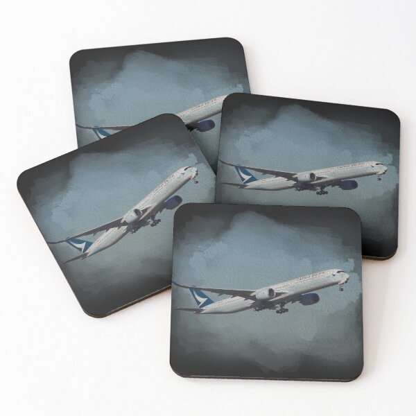 Item preview, Cathay Airlines plane taking off on watercolor black background designed and sold by FDbubble1986.
