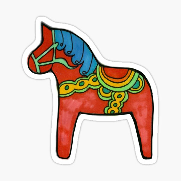 Swedish Dala Horse - Red Blue Green on Yellow Background Sticker