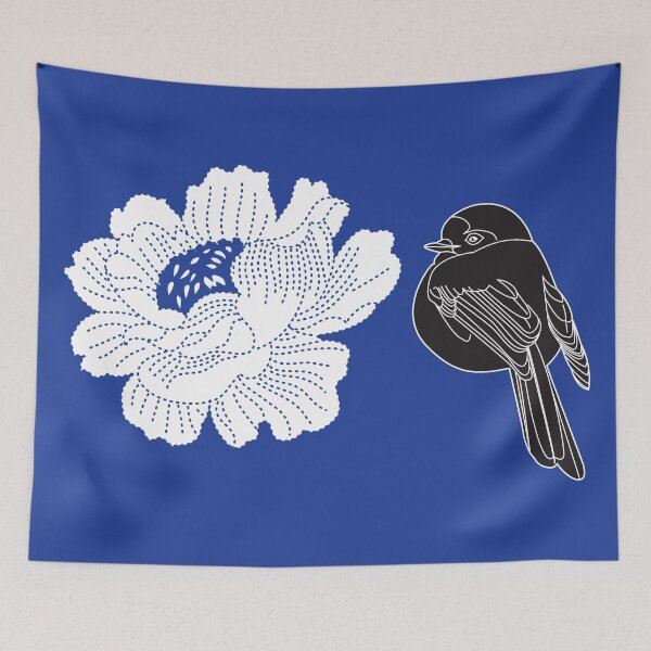 Item preview, Black bird and blue flower and blue background designed and sold by SueKnox.