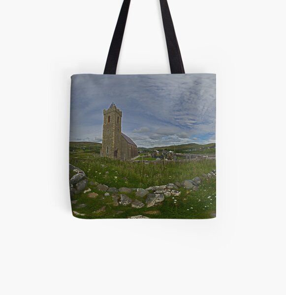 Glencolmcille Panorama with Church All Over Print Tote Bag