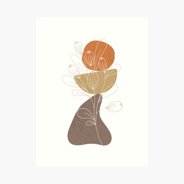 Minimalist landscape art with a plant and an orange sun Art Print