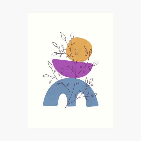 Minimalist line art of a leafy plant with organic shapes in cheerful colors Art Print