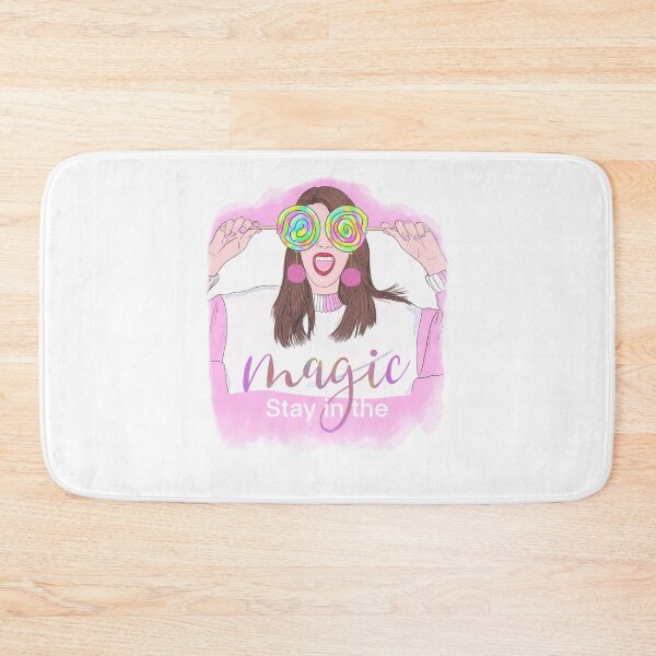 Item preview, Stay In The Magic Watercolor  long brown hair girl with two colorful lolipops covering her eyes pompon earrings pink and white sweather red lips designed and sold by expresivedesign.