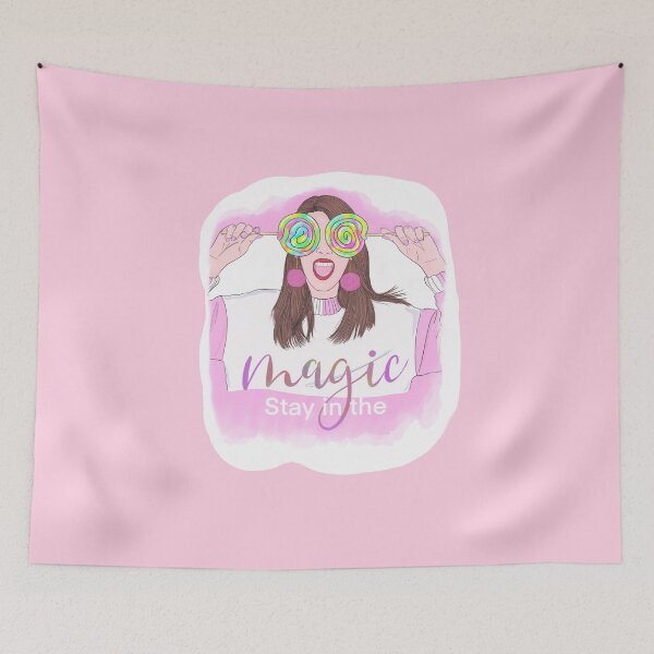Item preview, Stay In The Magic Watercolor  long brown hair girl with two colorful lolipops covering her eyes pompon earrings pink and white sweather red lips designed and sold by expresivedesign.
