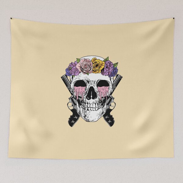 Item preview, Flower-Crowned Skull with Molten Candles and Guns designed and sold by SukaSukaSukaTee.