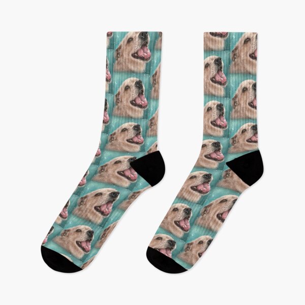 Item preview, Painting of a Happy Blond Labrador Smiling on Light Blue Background designed and sold by ibadishi.