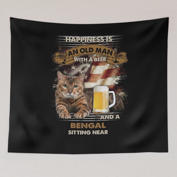 Item preview, Happiness is an old man with a beer and a Bengal sitting neer tshirt funny cat shirt beer shirt designed and sold by VDLAPS.