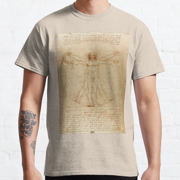 Mens Da Vinci Code Beige T-Shirt Vitruvian Man Leonardo da Vinci