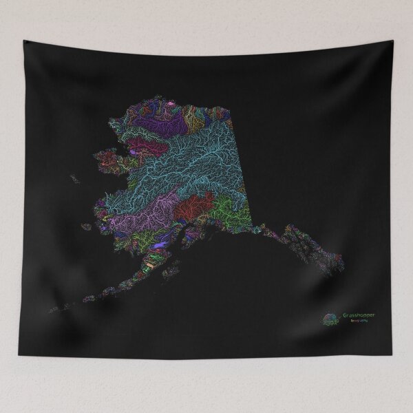 Item preview, Alaska River Basin Map in Rainbow Colours with Black Background designed and sold by GrasshopperGeo.