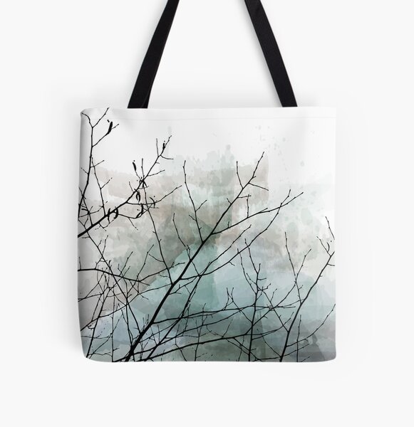 Gray Watercolor & Black Branches All Over Print Tote Bag