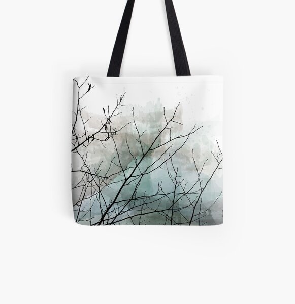 Gray Watercolor & Black Branches All Over Print Tote Bag