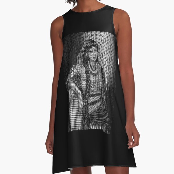 Arab Bedouin Woman in Black and White A-Line Dress