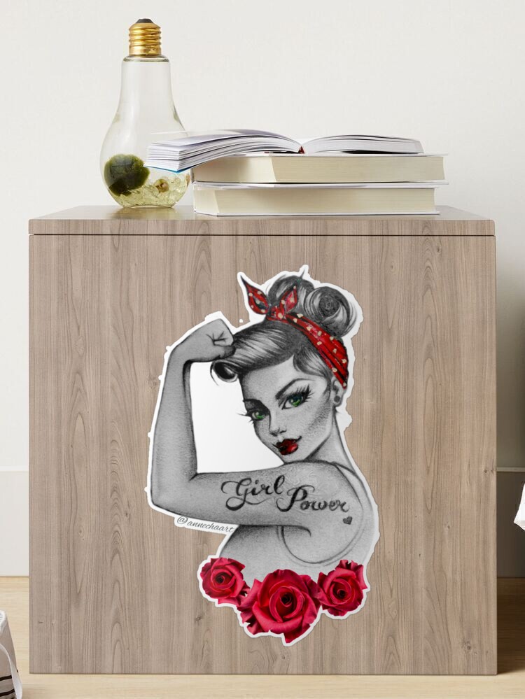 Girl Power von Anne Cha Modern Rosie the Riveter Red Roses  Sticker by  Anne Chachignon