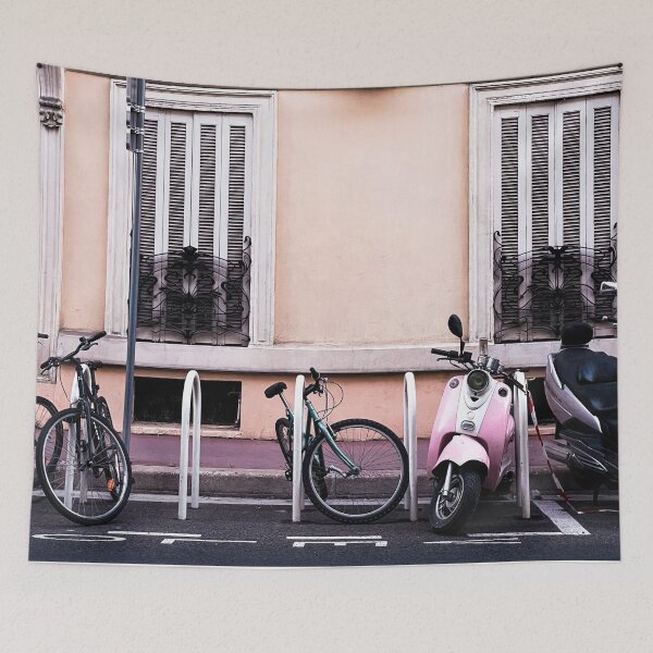 Item preview, A yellow house and pink bike in Nice, France designed and sold by DeVeauDesign.