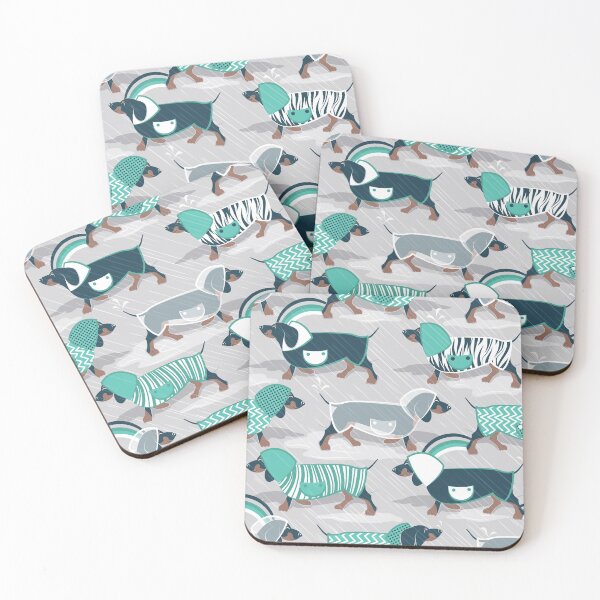 Item preview, April showers frenzy // grey background dachshunds dogs with green mint and transparent rain coats designed and sold by SelmaCardoso.