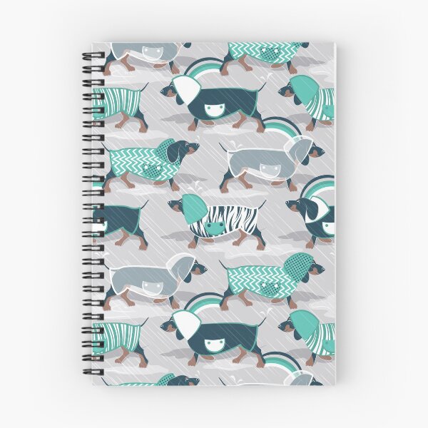 Item preview, April showers frenzy // grey background dachshunds dogs with green mint and transparent rain coats designed and sold by SelmaCardoso.