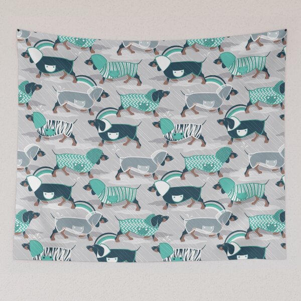 Item preview, April showers frenzy // grey background dachshunds dogs with green mint and transparent rain coats designed and sold by SelmaCardoso.