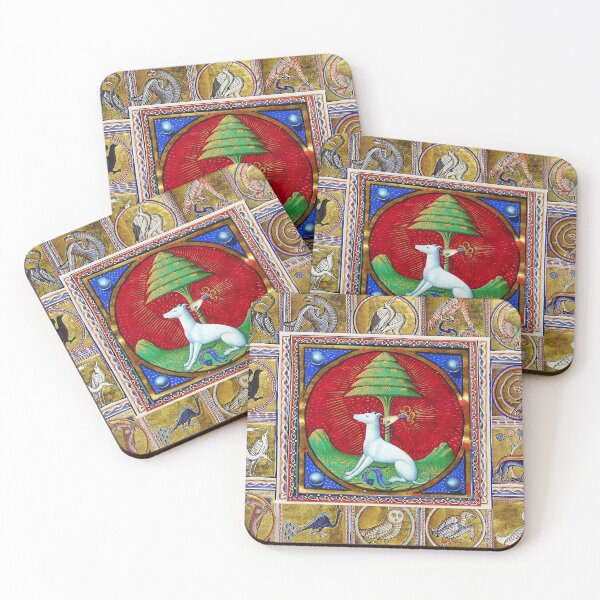 Item preview, MEDIEVAL BESTIARY,WHITE DOG,HAND AND TREE, FANTASTIC ANIMALS IN GOLD RED BLUE COLORS designed and sold by BulganLumini.