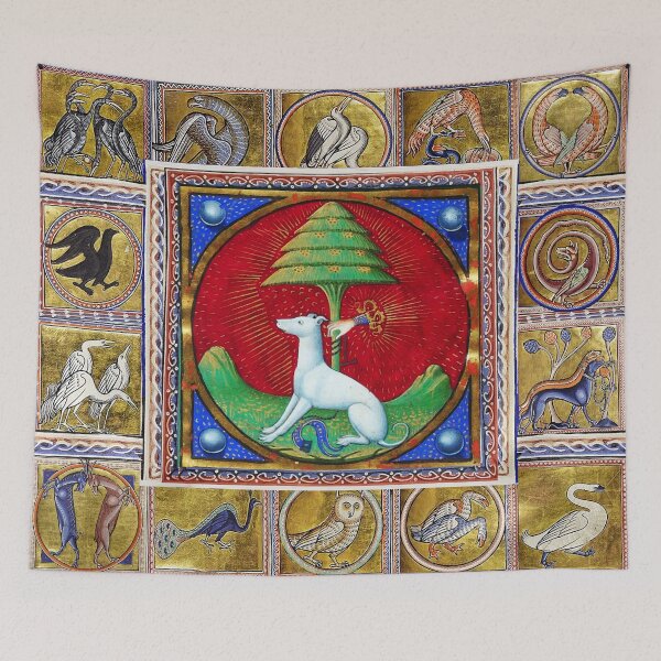 Item preview, MEDIEVAL BESTIARY,WHITE DOG,HAND AND TREE, FANTASTIC ANIMALS IN GOLD RED BLUE COLORS designed and sold by BulganLumini.