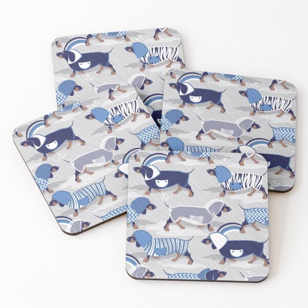 Item preview, April showers frenzy // grey background dachshunds dogs with indigo blue and transparent rain coats designed and sold by SelmaCardoso.