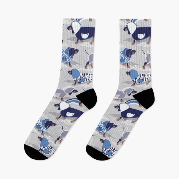 Item preview, April showers frenzy // grey background dachshunds dogs with indigo blue and transparent rain coats designed and sold by SelmaCardoso.