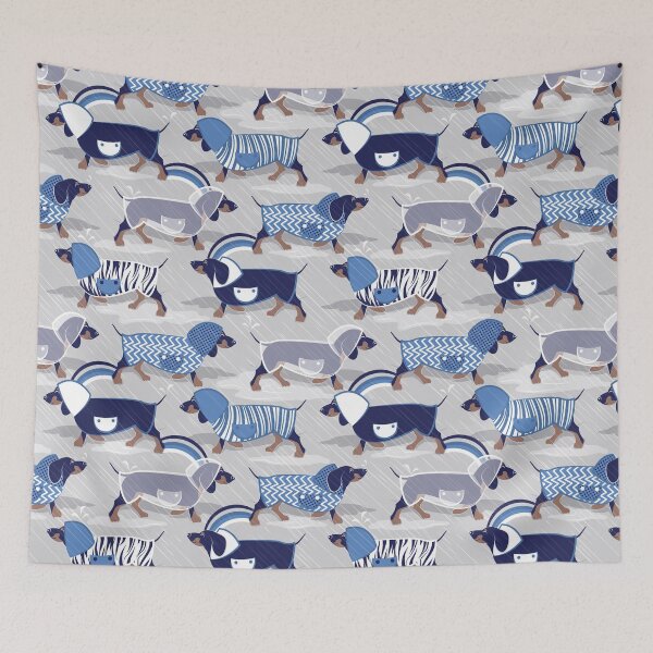 Item preview, April showers frenzy // grey background dachshunds dogs with indigo blue and transparent rain coats designed and sold by SelmaCardoso.