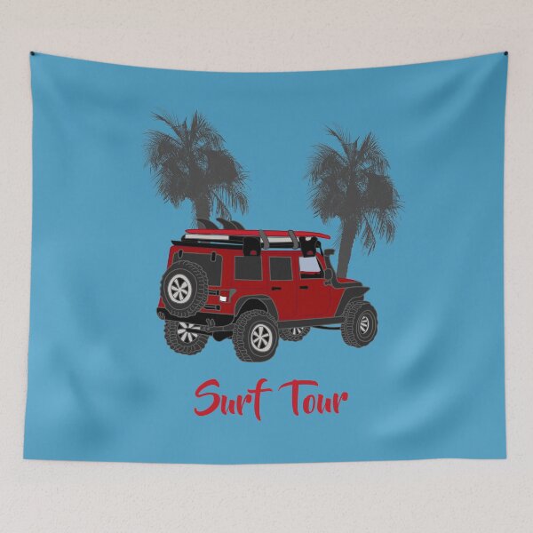 Item preview, Surf Tour/ red Offroader, Surfboard, palms tree designed and sold by CreaVisArt.
