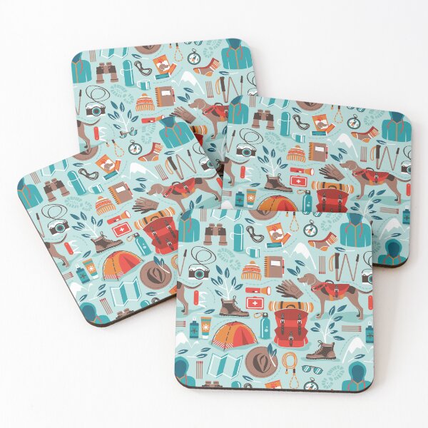 Item preview, Hiking trip // aqua background orange red brown and teal hike backpack essentials designed and sold by SelmaCardoso.