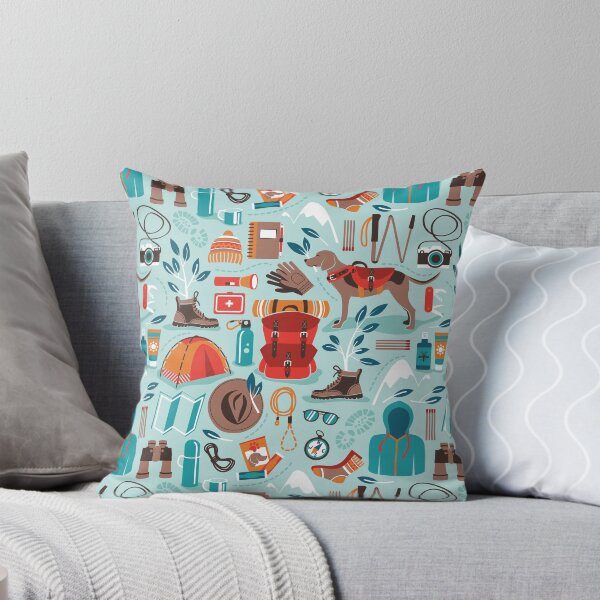 Item preview, Hiking trip // aqua background orange red brown and teal hike backpack essentials designed and sold by SelmaCardoso.