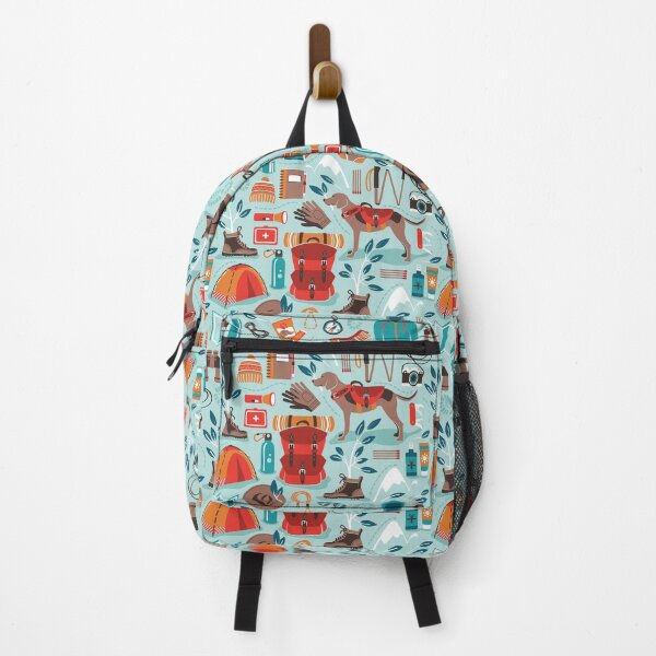 Item preview, Hiking trip // aqua background orange red brown and teal hike backpack essentials designed and sold by SelmaCardoso.